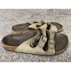 Birkenstock Sandals Unisex Size 7/ 38 Beige‎ Leather Slip On 3 Straps Shoes